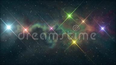 七颗彩虹色的星星闪烁着柔和动人的星云夜空动画背景<strong>新品</strong>质大自然的光芒